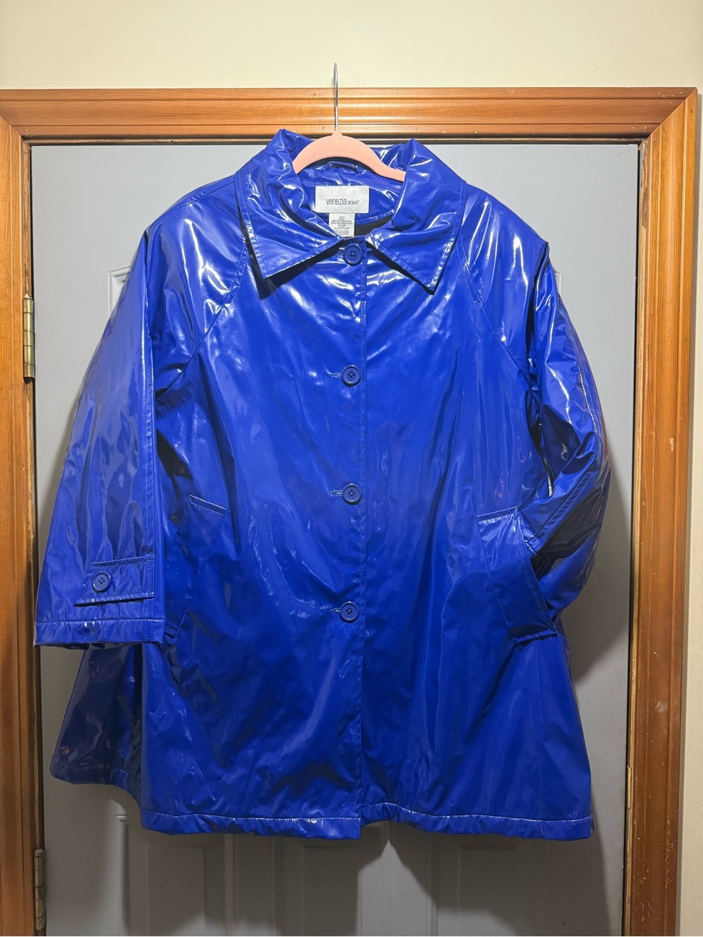Vintage Venezia Woman Royal Blue Vinyl Patent Raincoat Jacket - Size 14W (read)